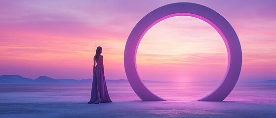 Woman in a dress standing in front of a large circular doorway, at sunset.