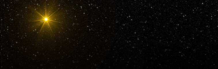 Wall Mural - christmas night starry sky and golden bright star. new year's lights are shining in the sky over the