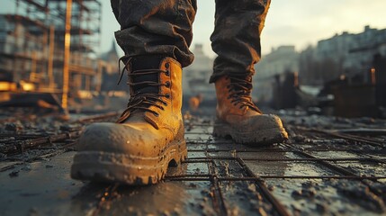 Poster - A construction worker stands in muddy conditions at a building site, surrounded by scaffolding. The early morning light reflects off the wet ground, highlighting the worker's sturdy boots.
