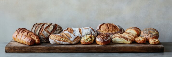 Poster - An assortment of freshly baked bread and pastries is arranged on a rustic wooden board, showcasing their delicious variety and texture. Generative AI