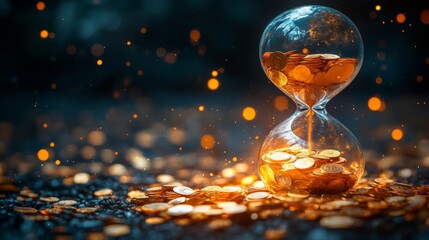 Fototapete - An hourglass sits prominently with gold coins inside, emitting a warm glow as small sparkles dance around it, highlighting the themes of time and prosperity.