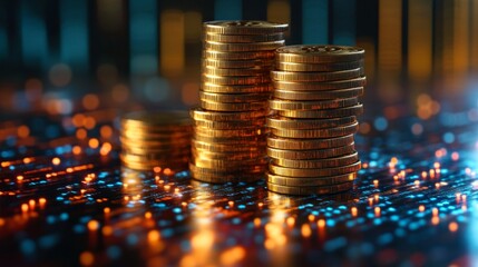 Aufkleber - Stacks of shiny golden coins rest on a vibrant digital circuit board, illustrating the intersection of currency and technology in today's financial world.