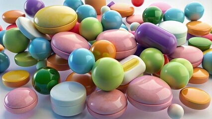 3D rendering of assorted colorful pills and tablets isolated on a white background, symbolizing medical and pharmaceutical themes.