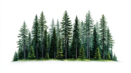 Green pine tree forest isolated on a white background.