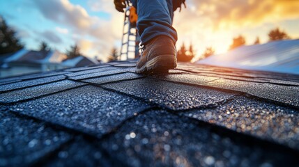Poster - As the sun sets in a suburban neighborhood, a worker carefully navigates a newly installed roof, preparing for the next steps in roofing.
