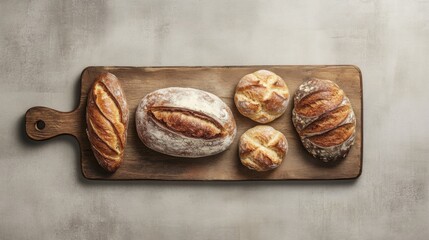 Poster - An assortment of warm, freshly baked bread and pastries rests on a rustic wooden board, inviting enjoyment in a homey kitchen atmosphere. Generative AI