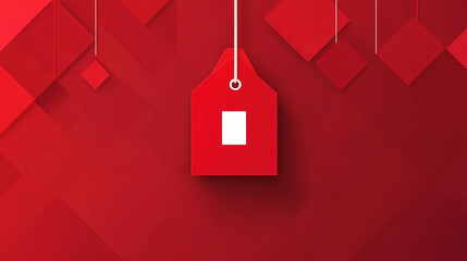 Hanging red price tag on geometric patterned background for sales promotions