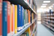 © Алена Ваторина - Bookshelf in a library filled with colorful books in shallow focus, creating a blurred background effect with a bright and organized environment