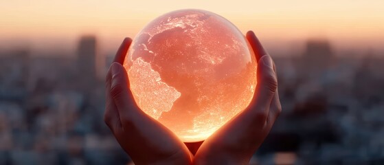 two hands hold a glowing globe at sunset, symbolizing hope and environmental awareness. the warm col