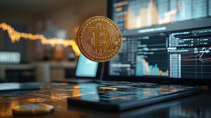 Aufkleber - A floating Bitcoin is prominently featured above various financial charts and graphs, illustrating the dynamic cryptocurrency market within a contemporary office environment.