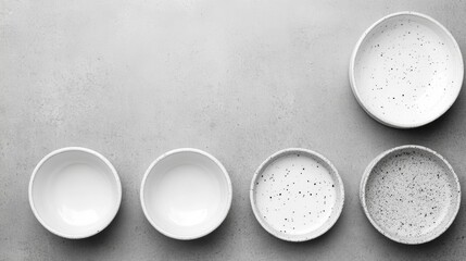 Elegant row of empty white bowls on a neutral gray background, minimalist kitchenware design