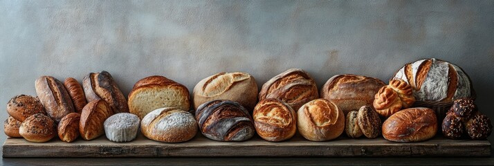 Poster - A variety of freshly baked bread and pastries arranged on a rustic wooden board, inviting a sense of warmth and comfort. Generative AI