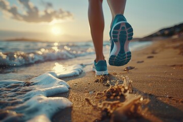 Blurred feet of a young woman jogging on a sandy beach at sunrise, with waves gently crashing. The scene conveys a sense of freedom and energy.