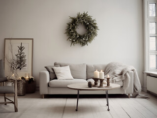 Christmas wreath on the wall in simple minimalist living room in neutral colors. Minimalist festive Christmas decor in interior.