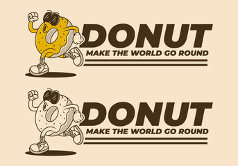 Donut, make the world go round. Retro mascot character of donut in running pose, in two different color