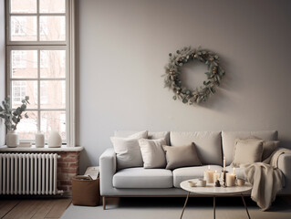 Christmas wreath on the wall in simple minimalist living room in neutral colors. Minimalist festive Christmas decor in interior.