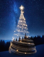 Wall Mural - Holiday background with illuminated Christmas tree under starry night sky