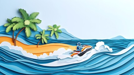 A vibrant paper cut style showcasing a jet ski speeding across the layered waves of a tropical ocean heading towards a lush palm fringed island in the distance