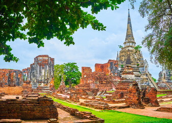 Wall Mural - Wat Phra Si Sanphet archaeological complex in green park, Ayutthaya, Thailand