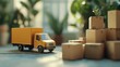 © P.G - Tiny delivery truck model beside a group of cardboard boxes on a softly blurred surface, symbolizing product distribution