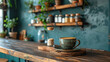 © easybanana - A wooden counter with a cup of coffee on a saucer. The counter is surrounded by potted plants and has a variety of jars and bottles on it. The scene gives off a cozy and inviting atmosphere