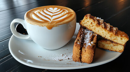 A frothy caramel cappuccino served with a biscotti on the side