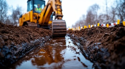 Poster - An excavator is digging a muddy trench that has filled with water, surrounded by a construction site under cloudy skies, highlighting ongoing construction work.