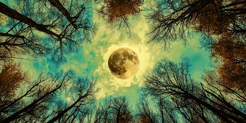 Wall Mural - A large moon is in the sky above a forest