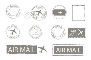 Air mail set blank postal stamps and marks. Retro Vintage postage card decorations. Blank template. Airmail text, plane collection.