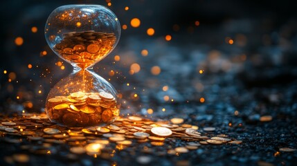 Fototapete - An hourglass stands upright, filled with coins, and surrounded by scattered coins on the ground. Glowing sparks illuminate the dark background, enhancing the theme of time and wealth.