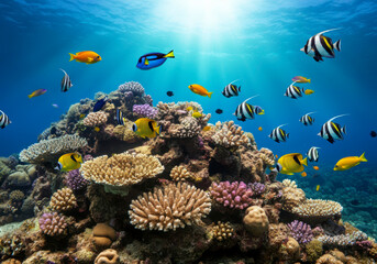 Tropical sea underwater fishes on coral reef. Aquarium oceanarium wildlife colorful marine panorama landscape nature snorkel diving, ocean background