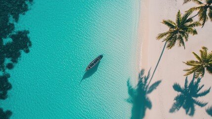 Sticker - Serene Tropical Beach with Boat and Palm Trees