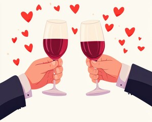 Cheers with wine glasses, symbolizing love and celebration, colorful hearts around.