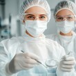 © MetaKibo - Two medical professionals in protective gear holding instruments in a clinic.