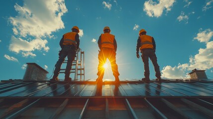 Poster - Three construction workers wearing safety helmets and vests stand on a rooftop, gazing at the sunset while celebrating the day's accomplishments.