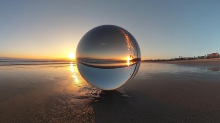 Playa in lensball during golden hour, sunset , Beach, lensball, reflection, sunset, ocean, sand, horizon, peaceful