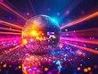 © VISUAL BACKGROUND - A disco ball on a reflective surface with colorful lights