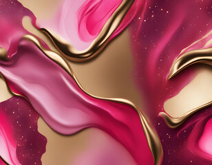 Sticker - Captivating pink and red liquid acrylic paint blend with gold glitter, creating a modern, vibrant design perfect for backgrounds