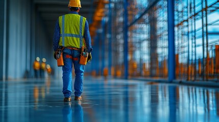 Poster - A construction worker in a hard hat and reflective vest walks through a large, brightly lit commercial building. The worker carries tools, highlighting the ongoing construction process.