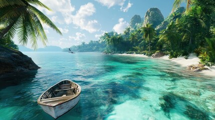 Sticker - Serene Tropical Beach with a Boat in Clear Water