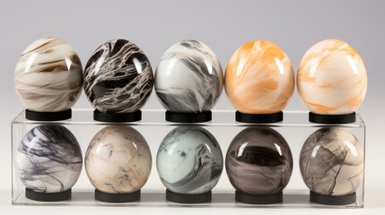 A collection of eight spherical objects, each featuring unique swirling patterns in hues of white, black, brown, gray, and orange, showcased in a transparent acrylic display case.