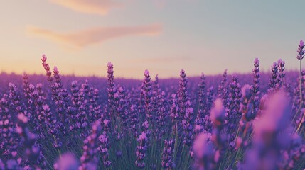 Expansive lavender field in full bloom with vibrant purple hues stretching to the horizon, set against a clear, blue sky in a refreshing, cool-climate atmosphere.