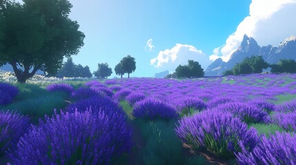 Lush lavender field with vibrant purple blooms under a bright sky, creating a refreshing, cool landscape perfect for showcasing the beauty of a tranquil countryside.