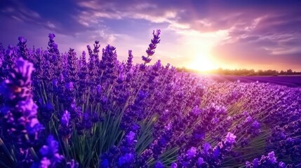 Vibrant lavender field under a perfect sky, the deep purple hues contrasting beautifully with the bright blue above, capturing the essence of a cool, refreshing day.