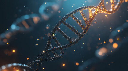 Fototapete - Glowing dna strand with particles on dark blue background, showcasing science and biology complexity. Abstract 3d rendering invites pondering life mysteries