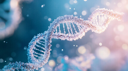 Fototapete - Dna strand is forming with particles against a blue background with lens flares