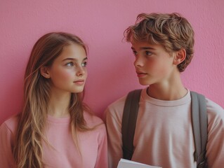 Two young people in pink clothing stand against a pink wall. They appear engaged and thoughtful, with one holding a notebook.