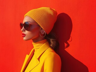 A stylish person in vibrant orange and yellow attire poses confidently against a solid red background, wearing sunglasses and hoop earrings.