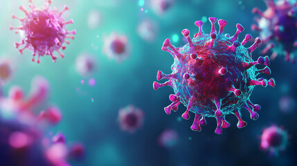 Poster - Detailed microscopic view of coronavirus cells in human body, emphasizing global pandemic urgency. Blue background symbolizes virus transmission danger