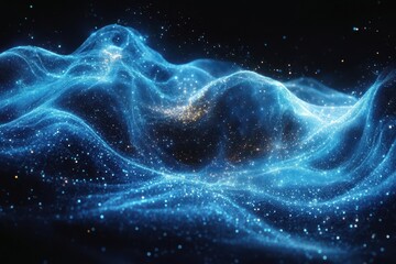 Wall Mural - glowing blue strands of fiber optic cables weave through a dark space pulsating with light symbolizi